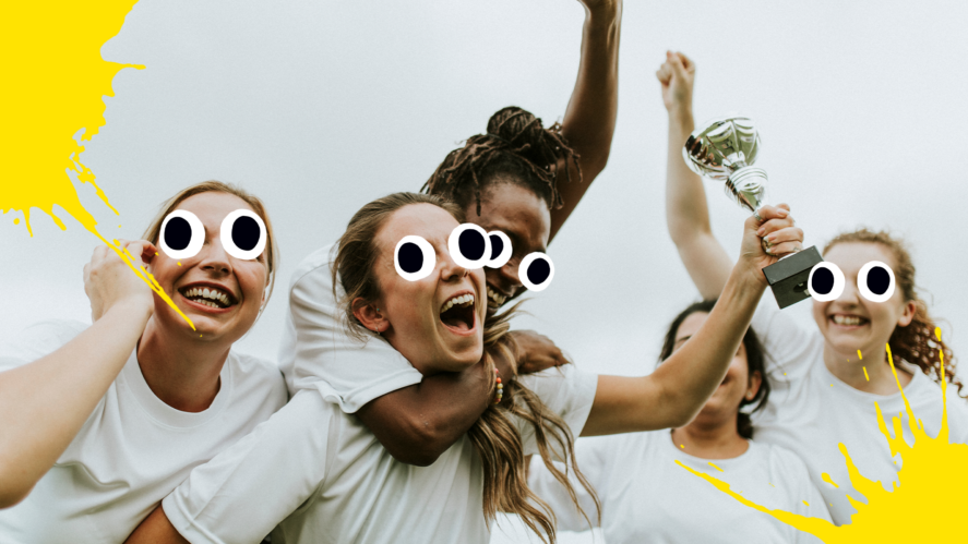 Female footballers celebrating and splats