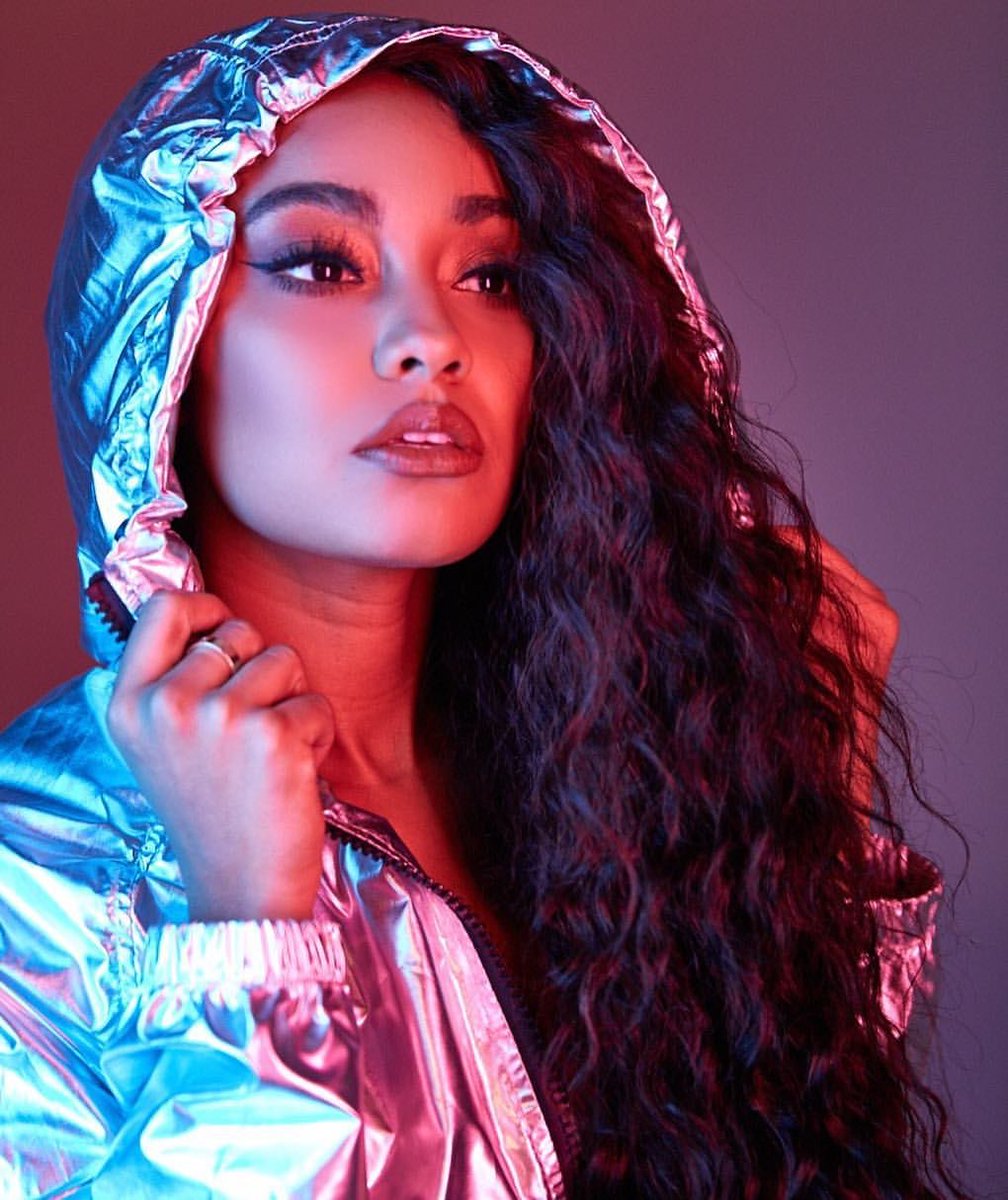 Leigh-Anne in a silver hoodie